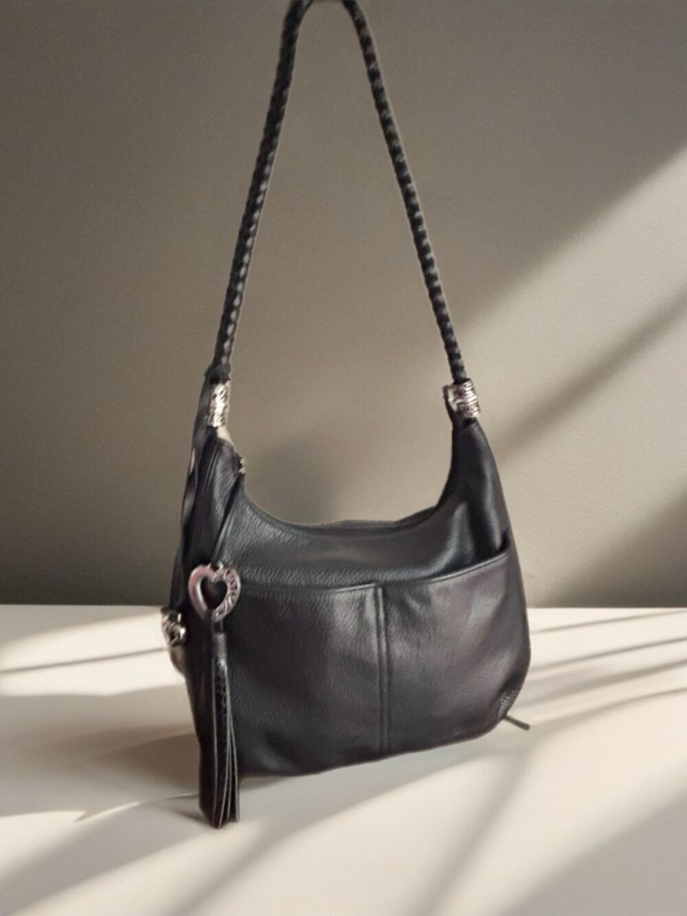 BRIGHTON BARBADOS Black Pebbled Leather Zip Top Shoulder Handbag Hobo Purse